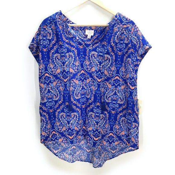 St John’s Bay Bold Blue Paisley Boho Top - Picture 1 of 5